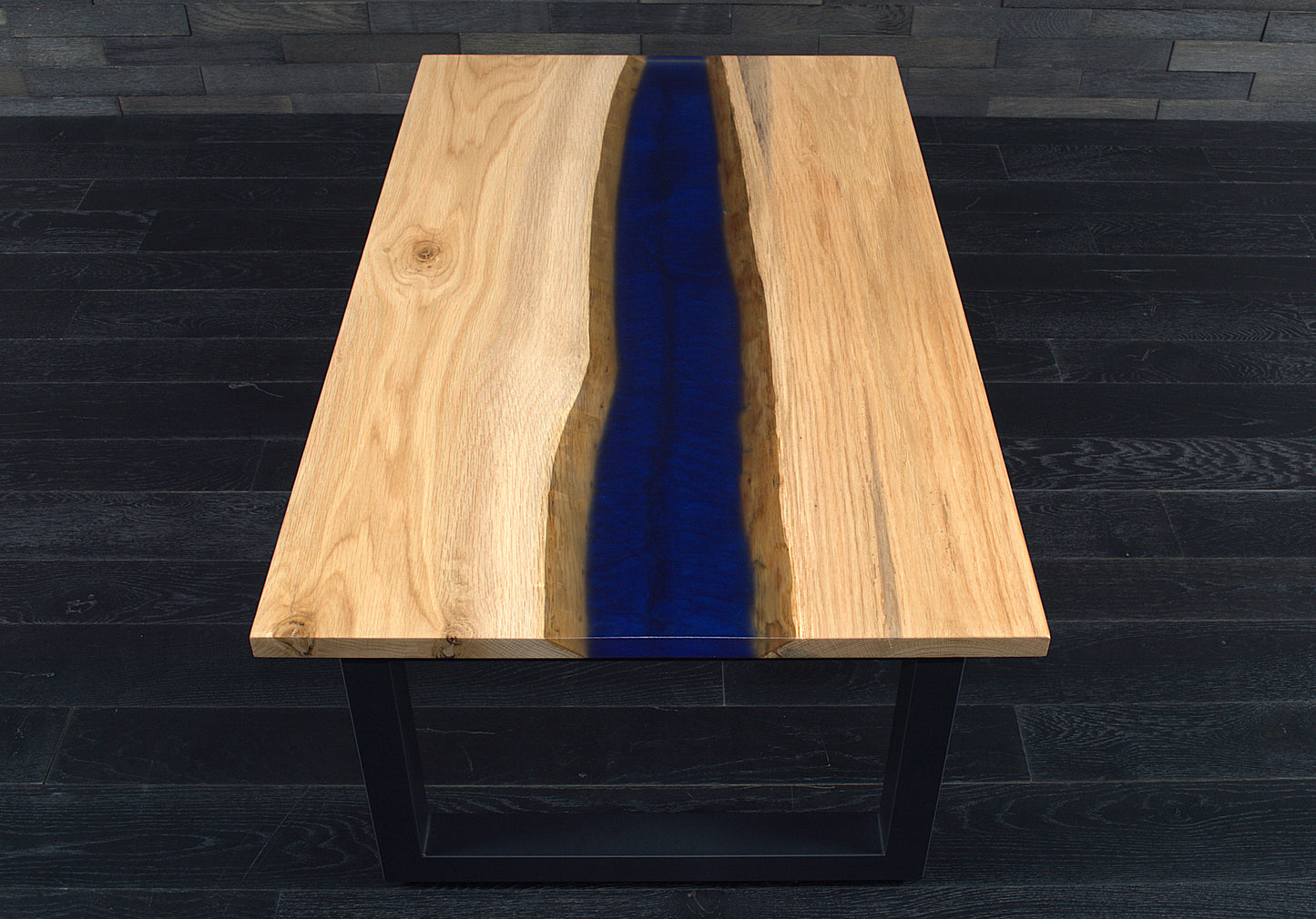 Table basse "Rivière" chêne & résine Deepsea 1000X600mm vernis satiné N°A133