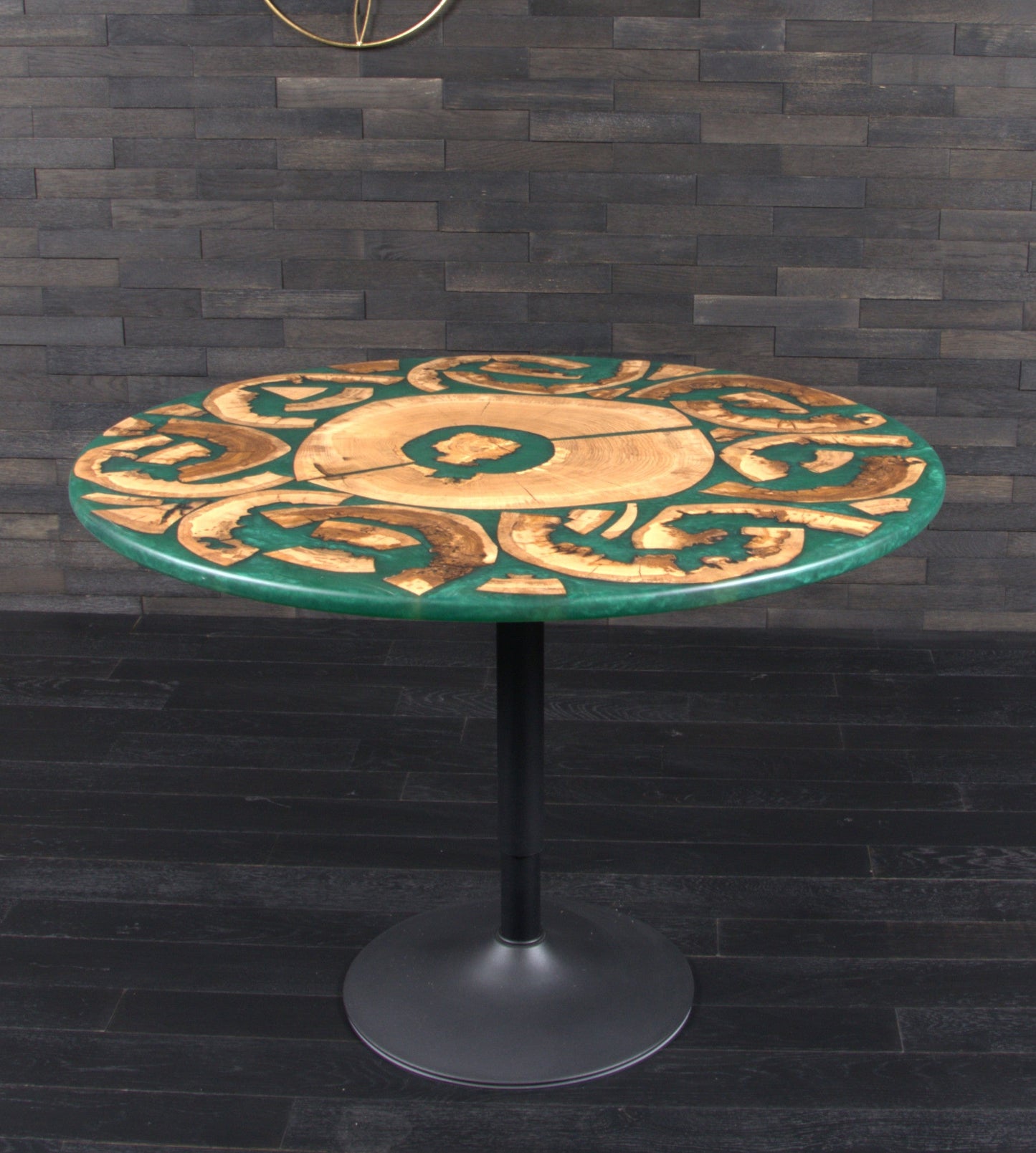 Plateau rond résine "underworldteal" tranches de chêne diam 1020 (A087)
