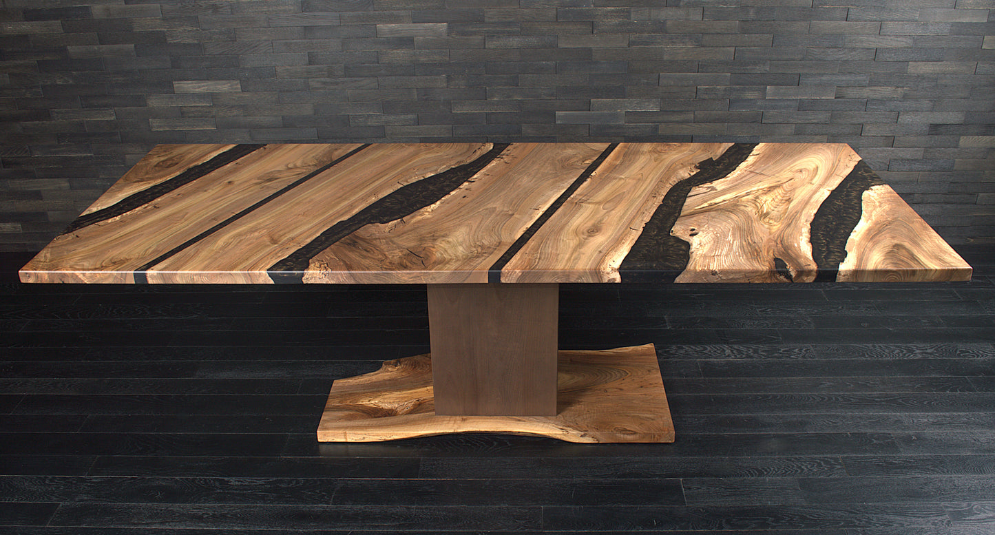 Table noyer massif 2485X1000mm résine Rusty Expresso vernis mat bords arrondis N°A140