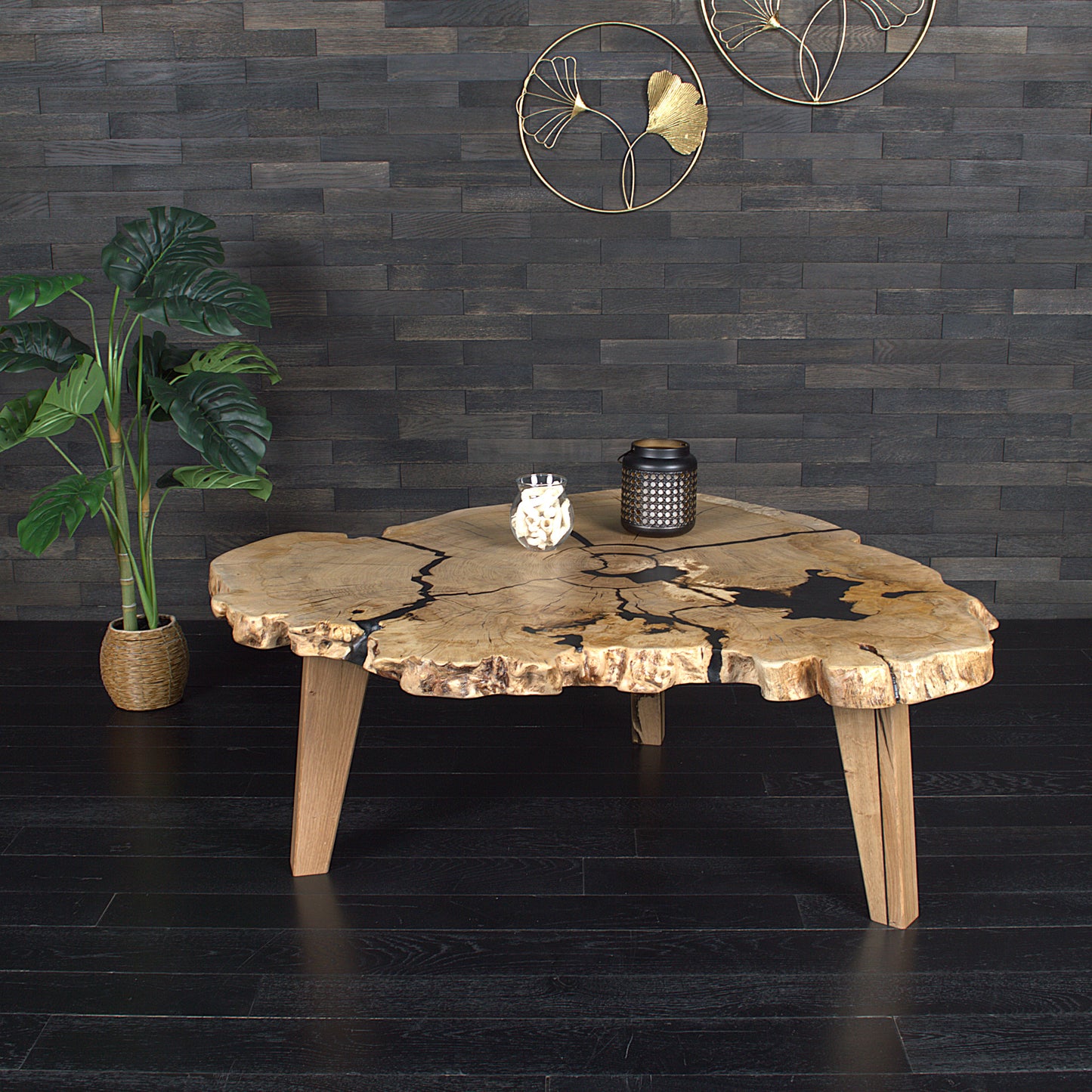 Table basse "Souche" chêne résine Blackice 1200X1050X45mm (N°A173)