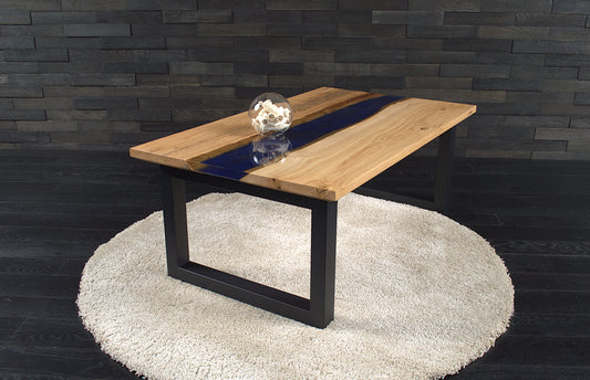 Table basse "Rivière" chêne & résine Deepsea 1000X600mm vernis brillant N°A132
