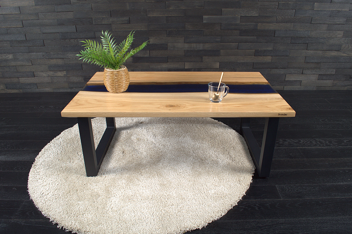 Table basse "Rivière" chêne & résine Deepsea 1000X600mm vernis satiné N°A133