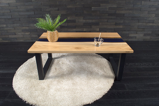 Table basse "Rivière" chêne & résine Deepsea 1000X600mm vernis satiné N°A133