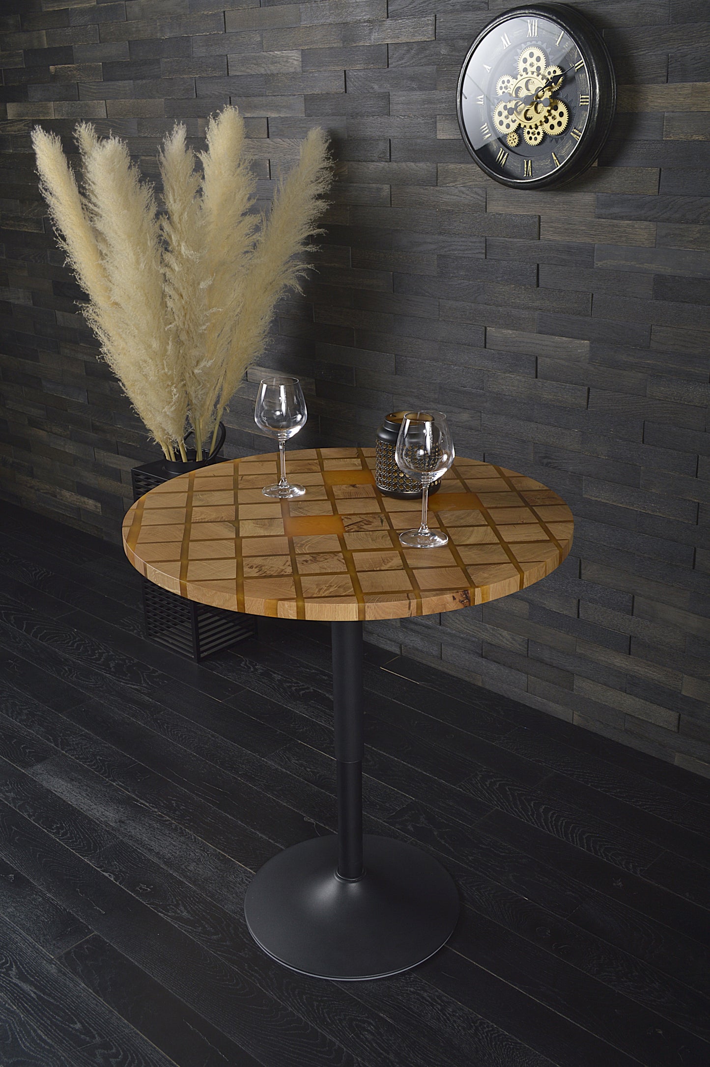 Plateau rond chêne massif & résine orange Diam 800mm bord droit vernis mat N°131