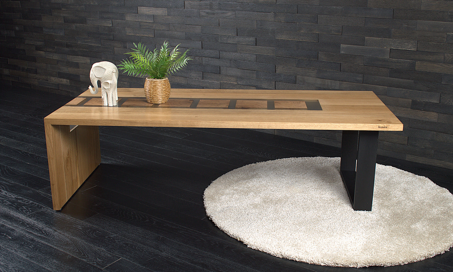 Table basse en chêne massif & résine incolore opaque 1530X660mm N°A134