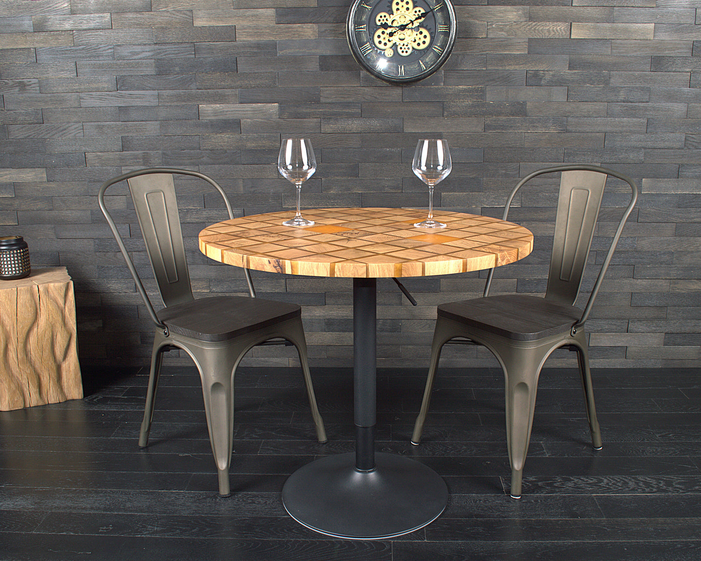 Plateau rond chêne massif & résine orange Diam 800mm bord droit vernis mat N°131