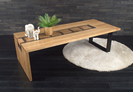 Table basse en chêne massif & résine incolore opaque 1530X660mm N°A134