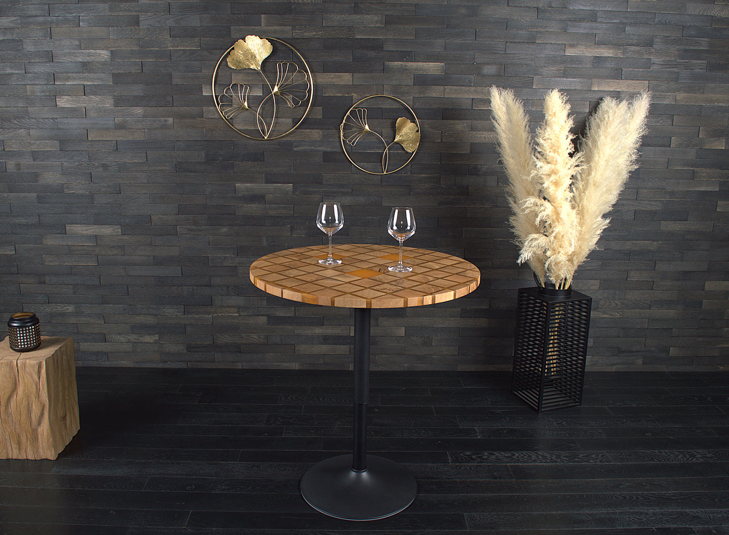 Plateau rond chêne massif & résine orange Diam 800mm bord droit vernis mat N°131