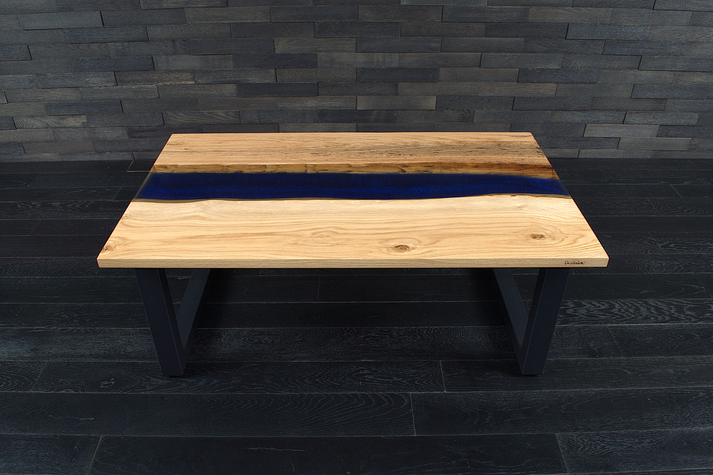 Table basse "Rivière" chêne & résine Deepsea 1000X600mm vernis brillant N°A132