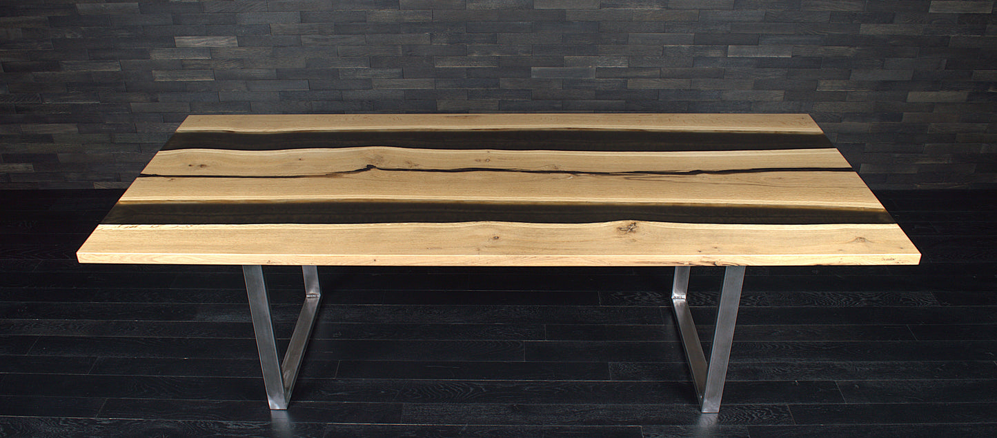 Plateau de table "Double rivière" chêne massif 2400X990mm & résine Expresso vernis Oceanic N°A137