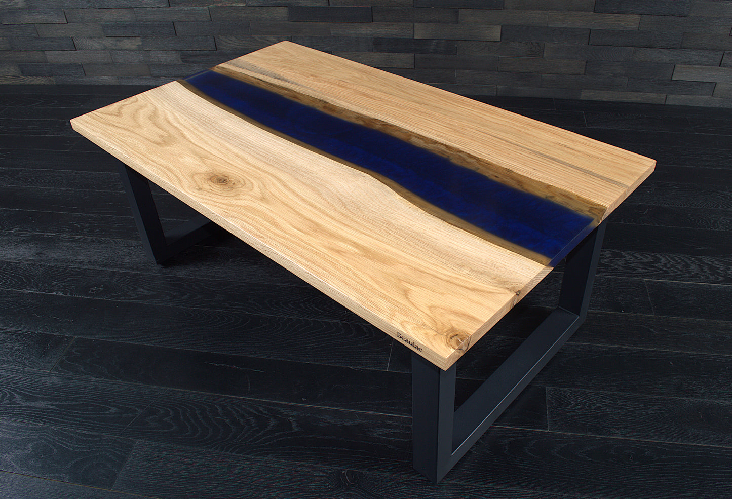 Table basse "Rivière" chêne & résine Deepsea 1000X600mm vernis satiné N°A133