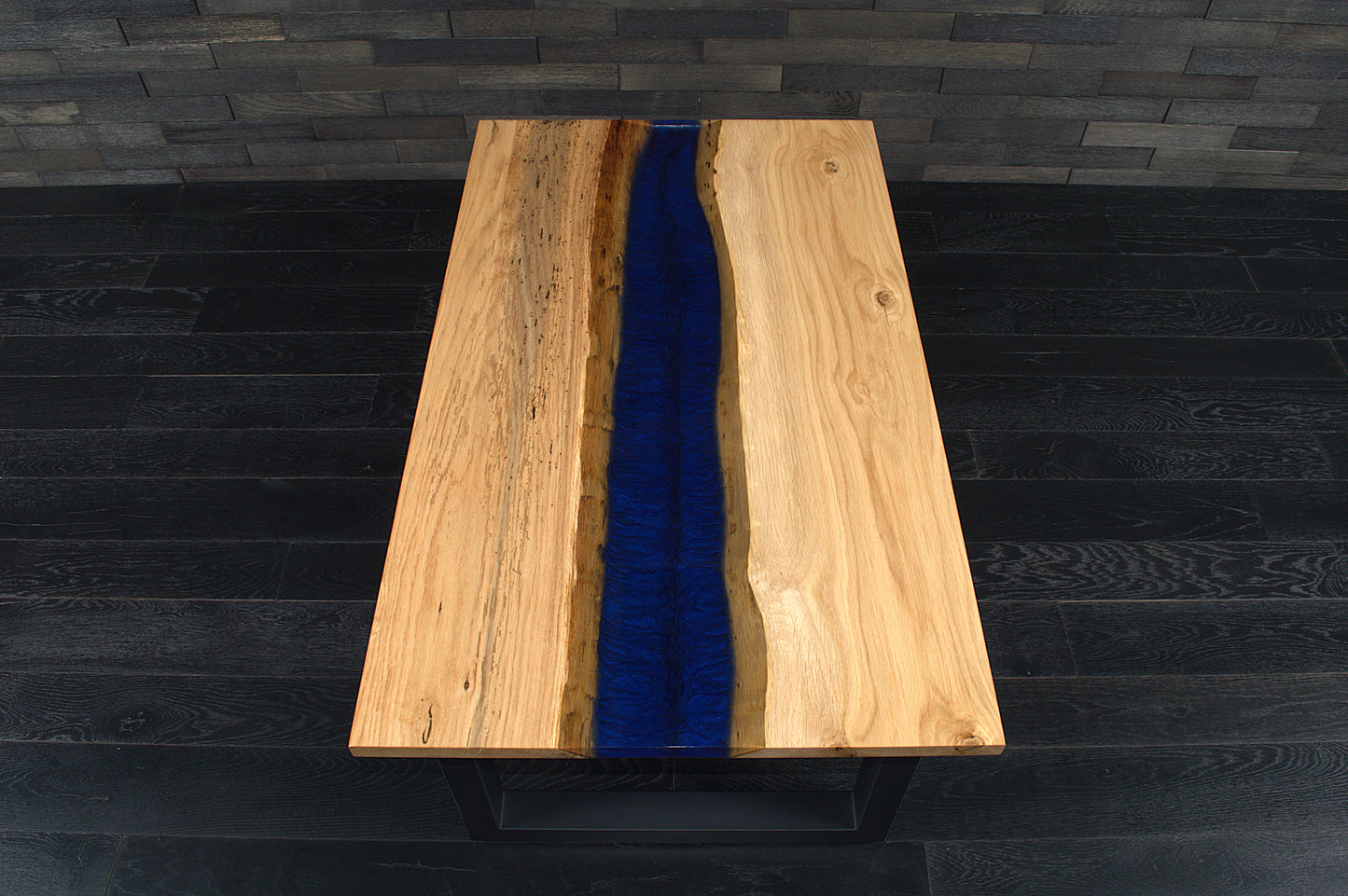 Table basse "Rivière" chêne & résine Deepsea 1000X600mm vernis brillant N°A132