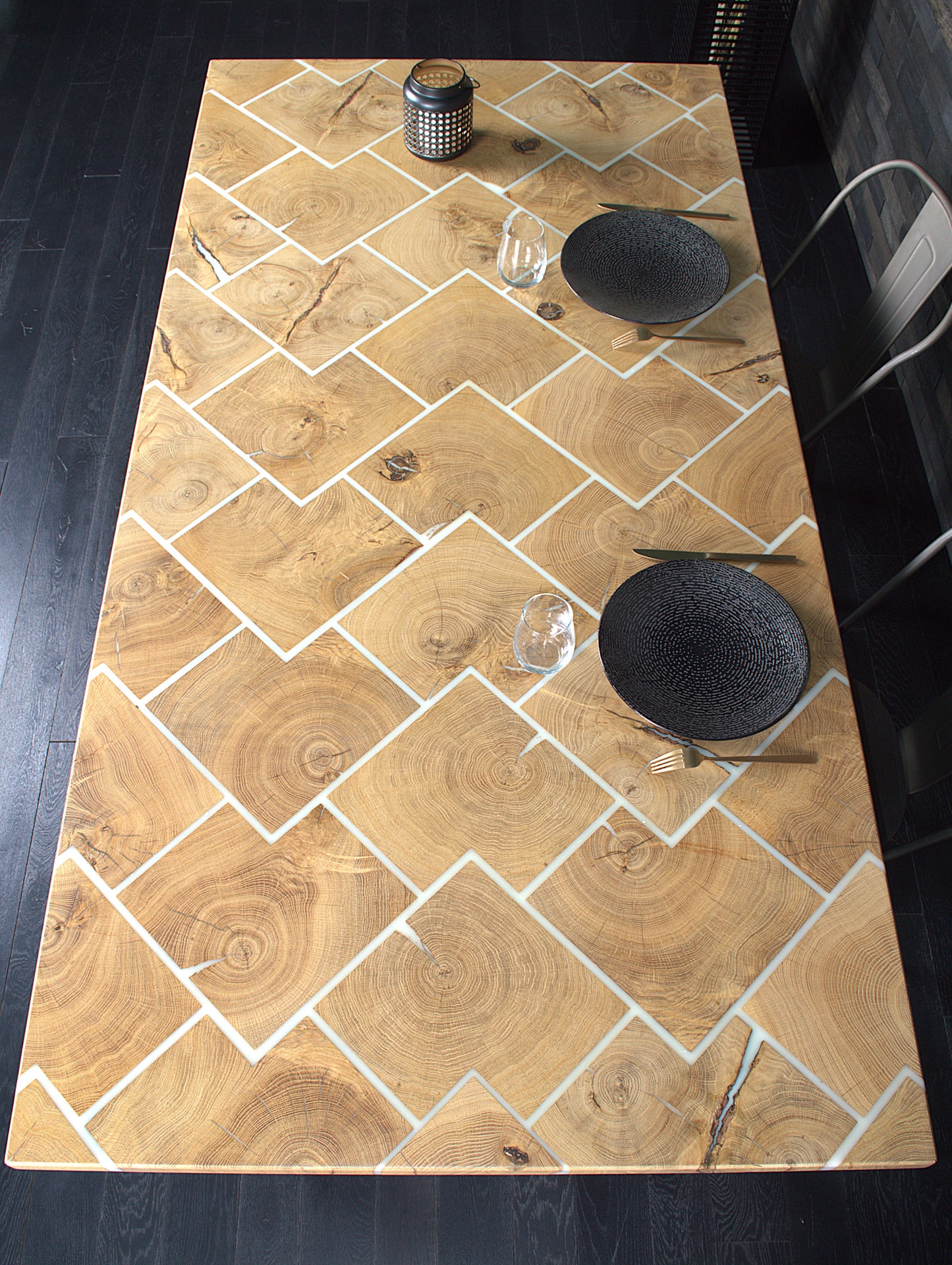 Plateau "VIKING" chêne massif 2000X1000mm résine Blanche N°A126