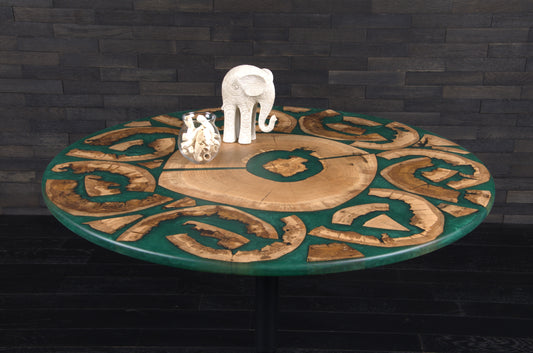 Plateau rond résine "underworldteal" tranches de chêne diam 1020 (A087)