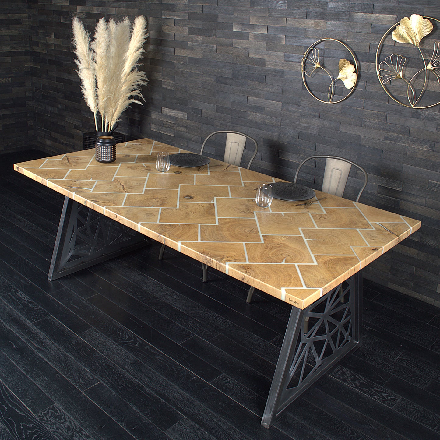 Plateau "VIKING" chêne massif 2000X1000mm résine Blanche N°A126