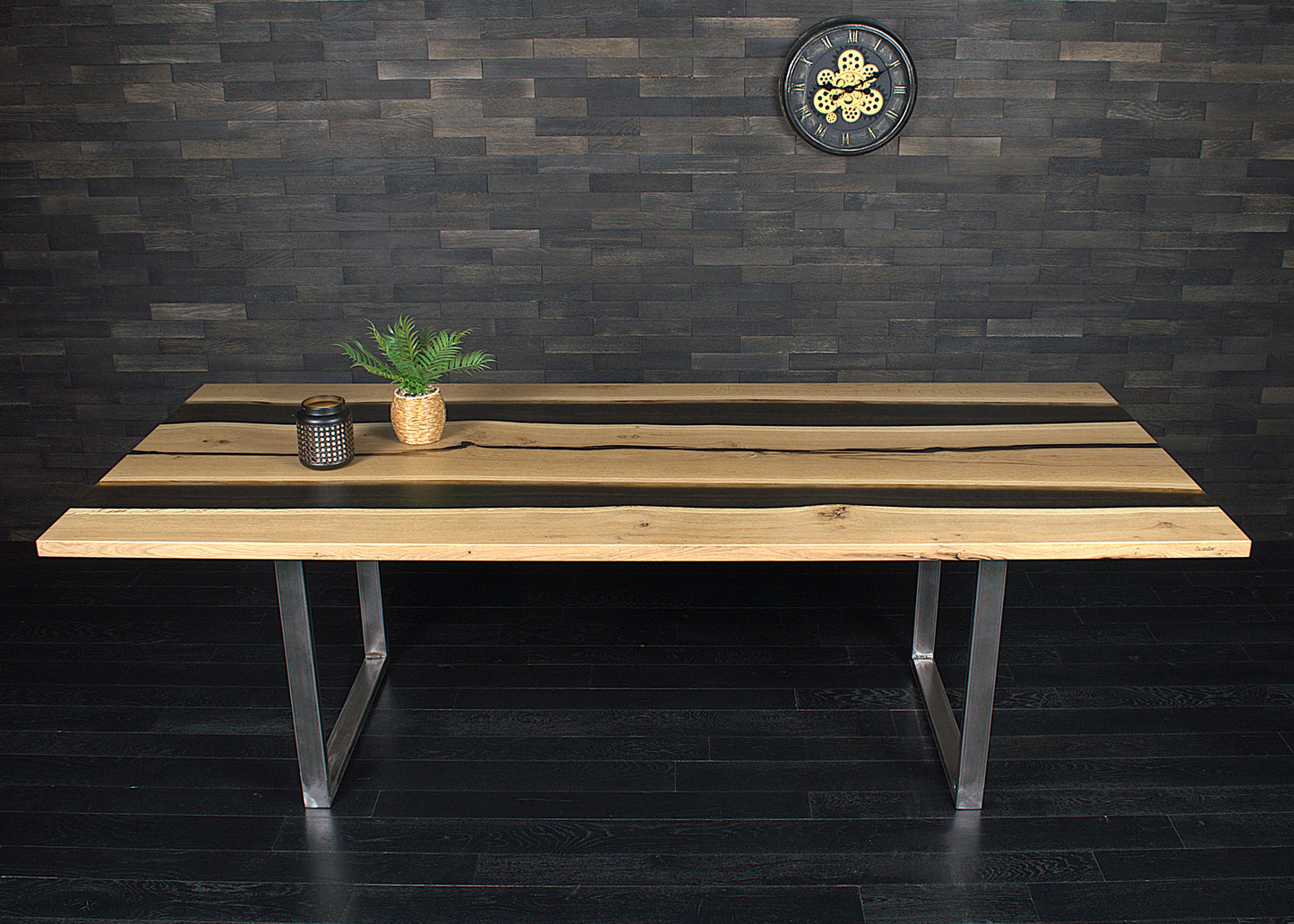 Plateau de table "Double rivière" chêne massif 2400X990mm & résine Expresso vernis Oceanic N°A137