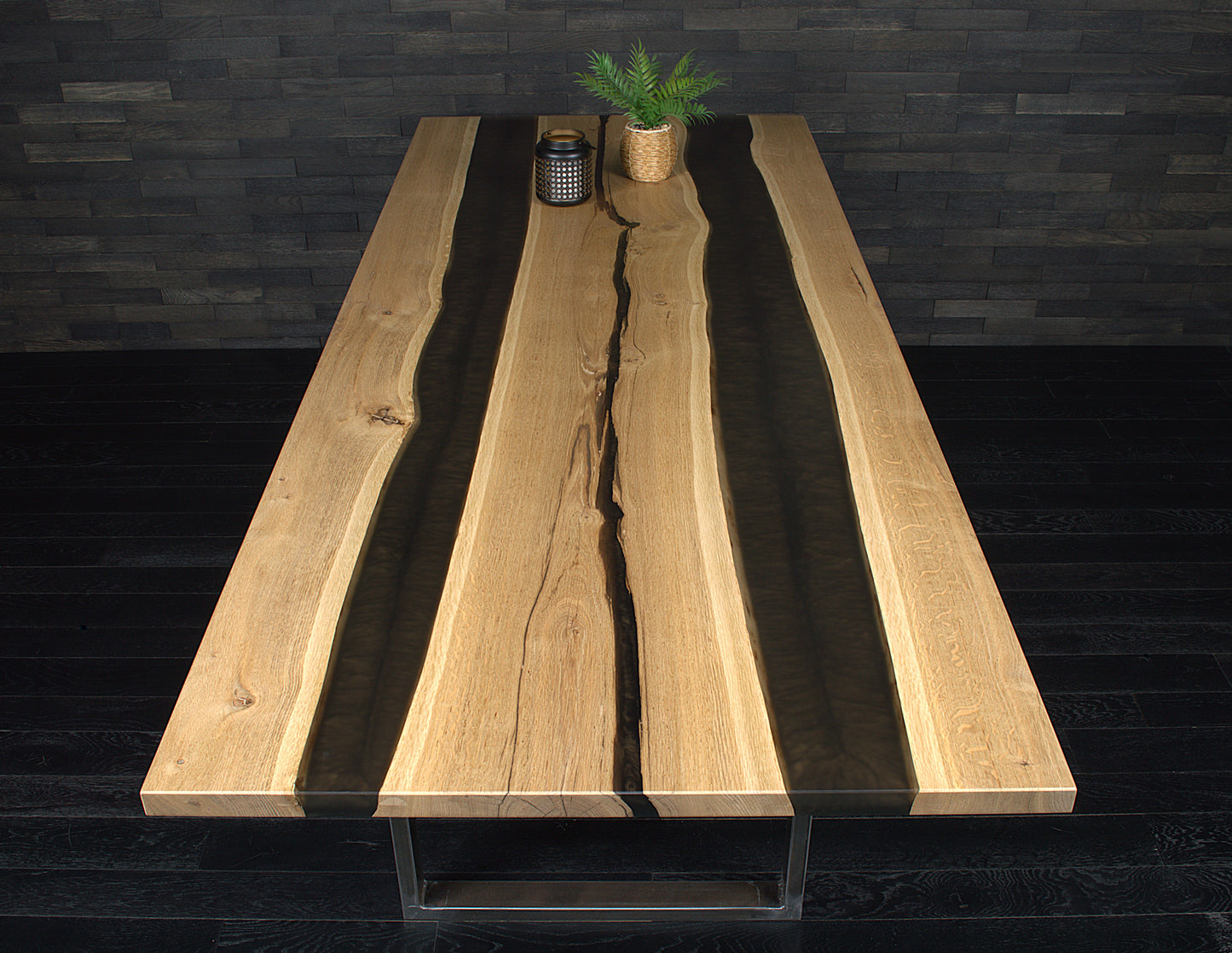 Plateau de table "Double rivière" chêne massif 2400X990mm & résine Expresso vernis Oceanic N°A137