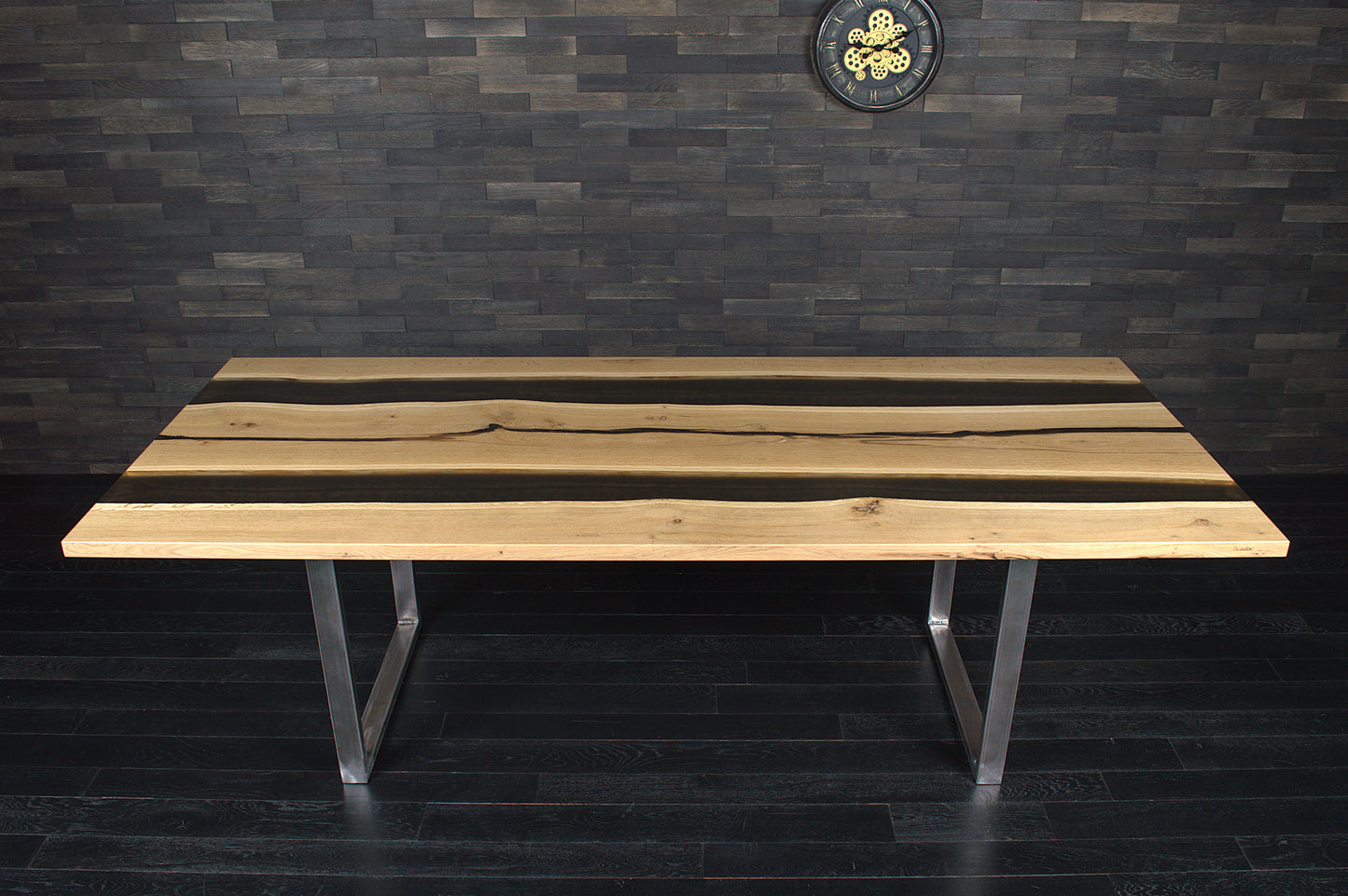 Plateau de table "Double rivière" chêne massif 2400X990mm & résine Expresso vernis Oceanic N°A137