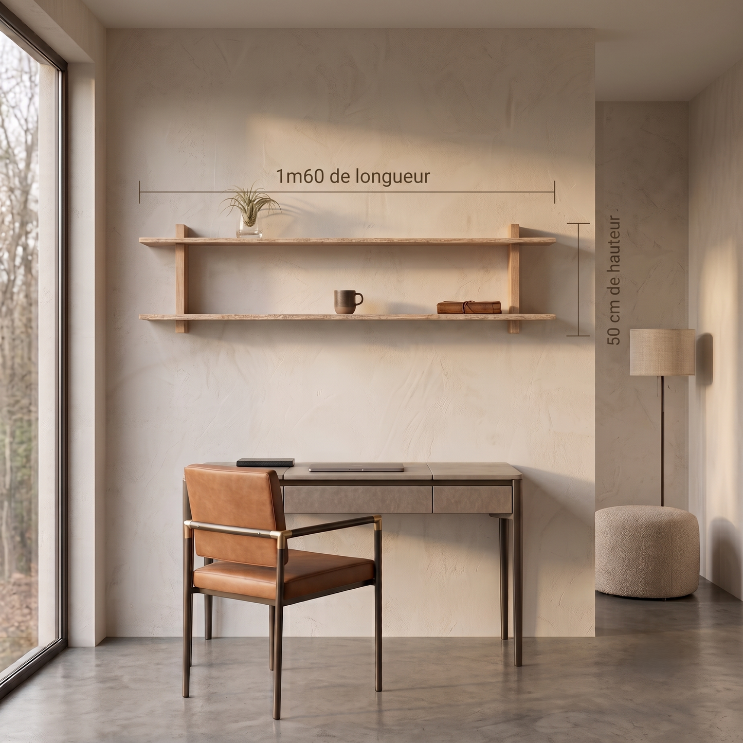 Etagère chêne brut bord Edge Nature 2 tablettes 1600X200-250X20mm (N°A182)
