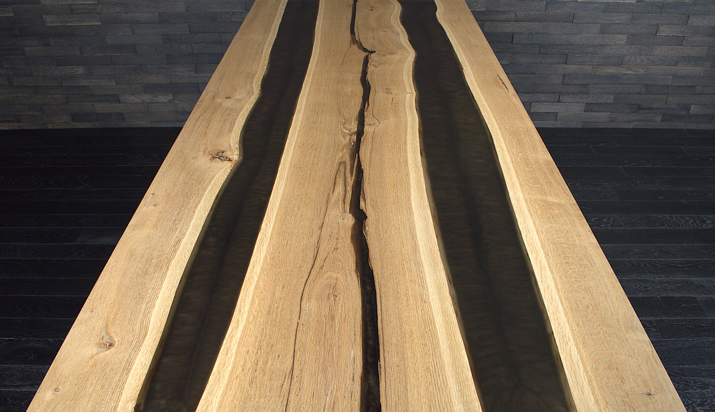 Plateau de table "Double rivière" chêne massif 2400X990mm & résine Expresso vernis Oceanic N°A137