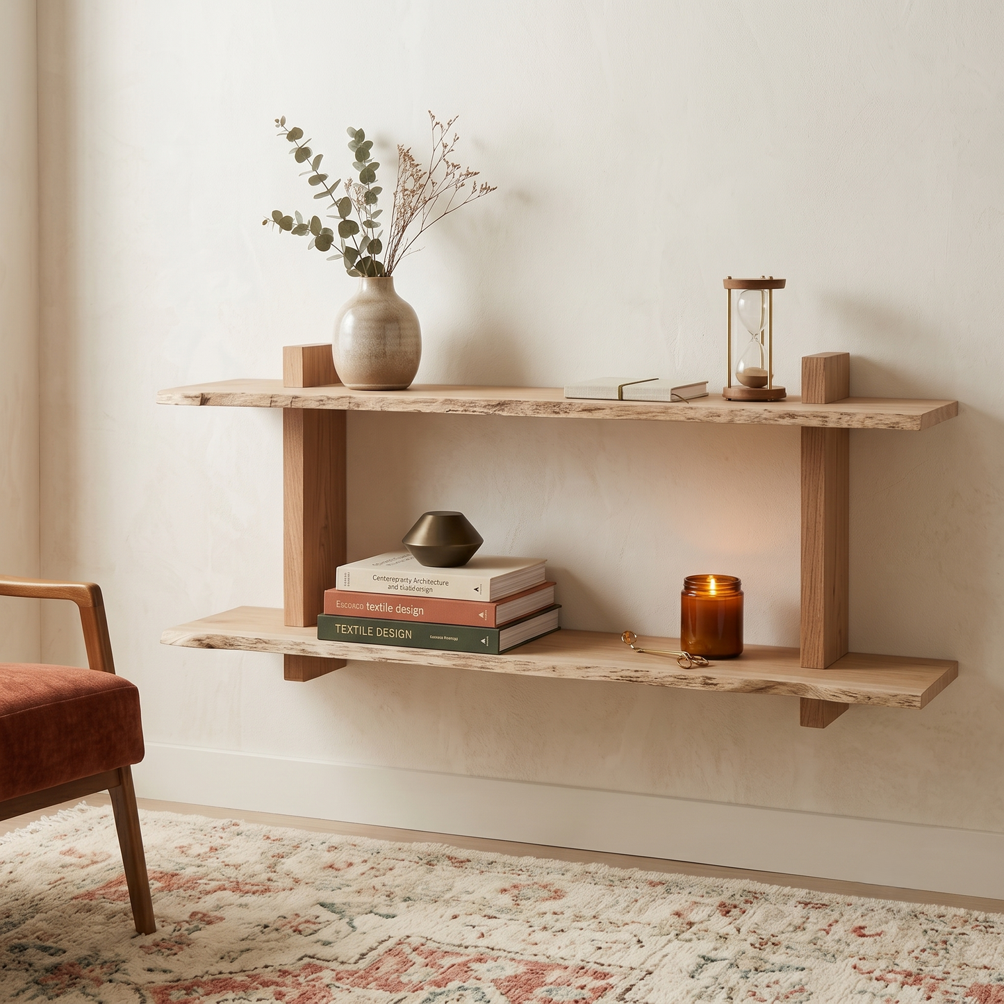 Etagère chêne brut bord Edge Nature 2 tablettes 1200X200-250X20mm (N°A176)