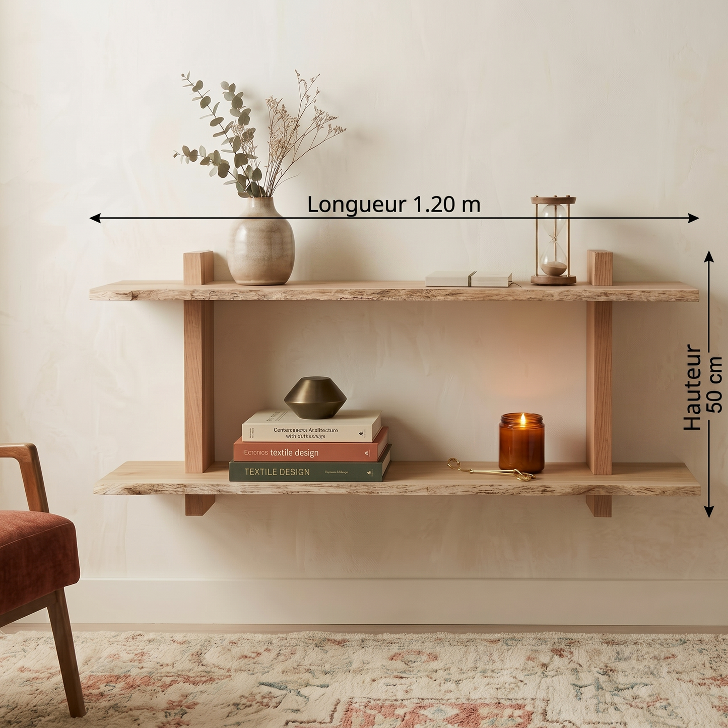 Etagère chêne brut bord Edge Nature 2 tablettes 1200X200-250X20mm (N°A176)