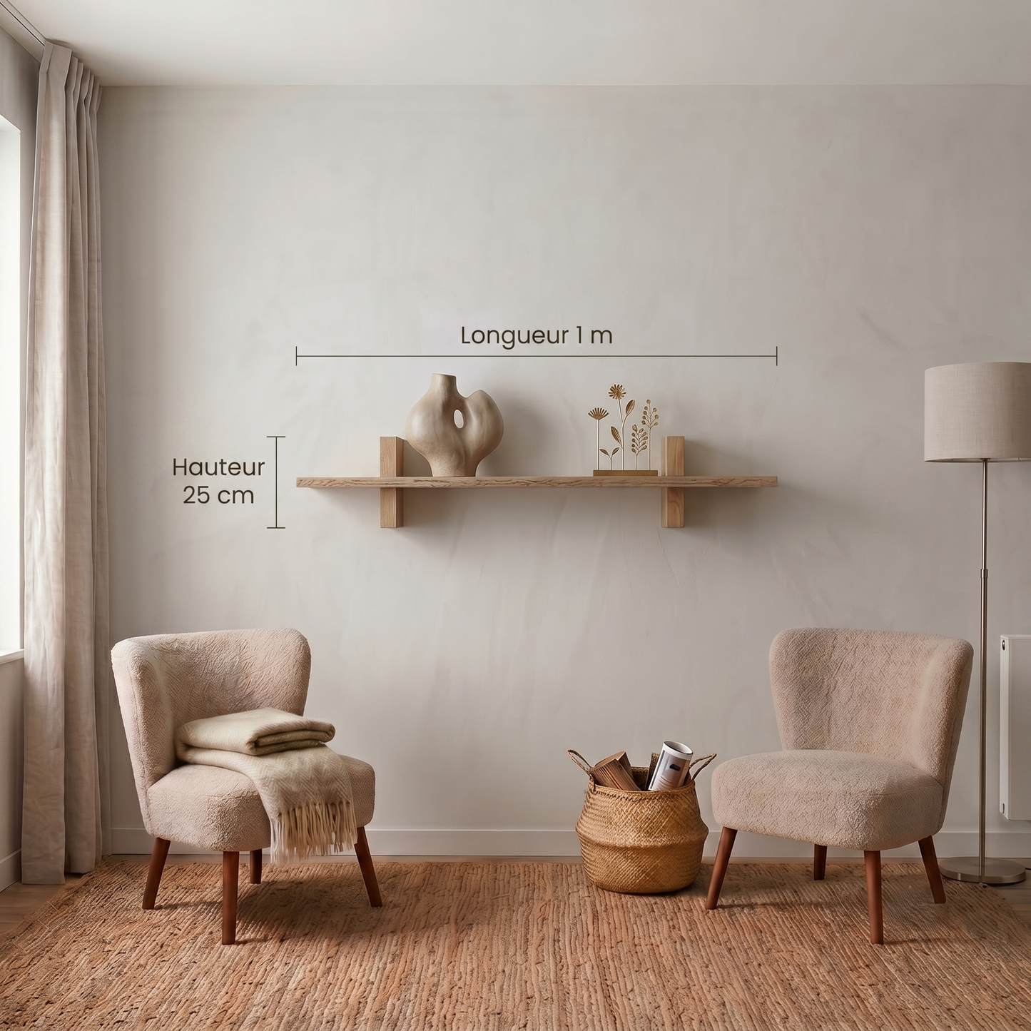 Etagère chêne brut bord Edge Nature 1000X200-250X20mm (N°A177)